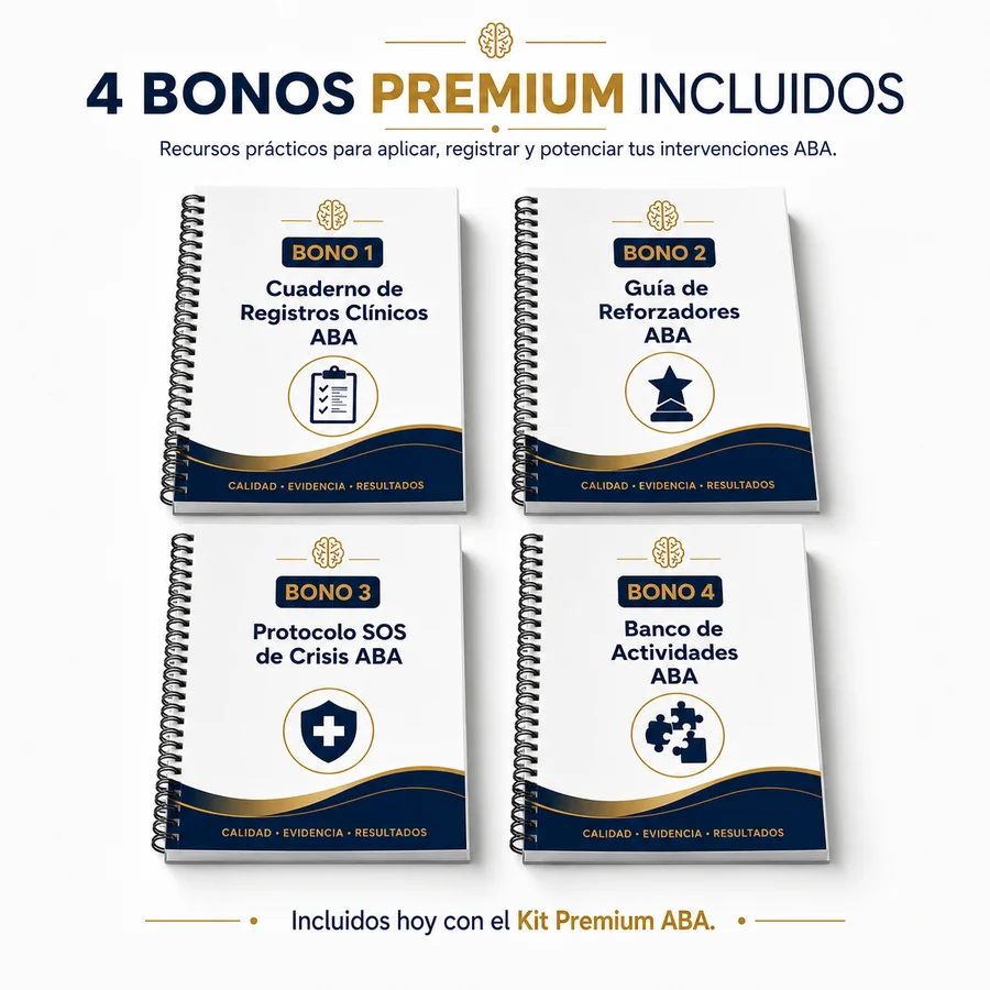 Los 4 bonos premium: Cuaderno de Registros, Guía de Reforzadores, Protocolo SOS y Banco de Actividades ABA